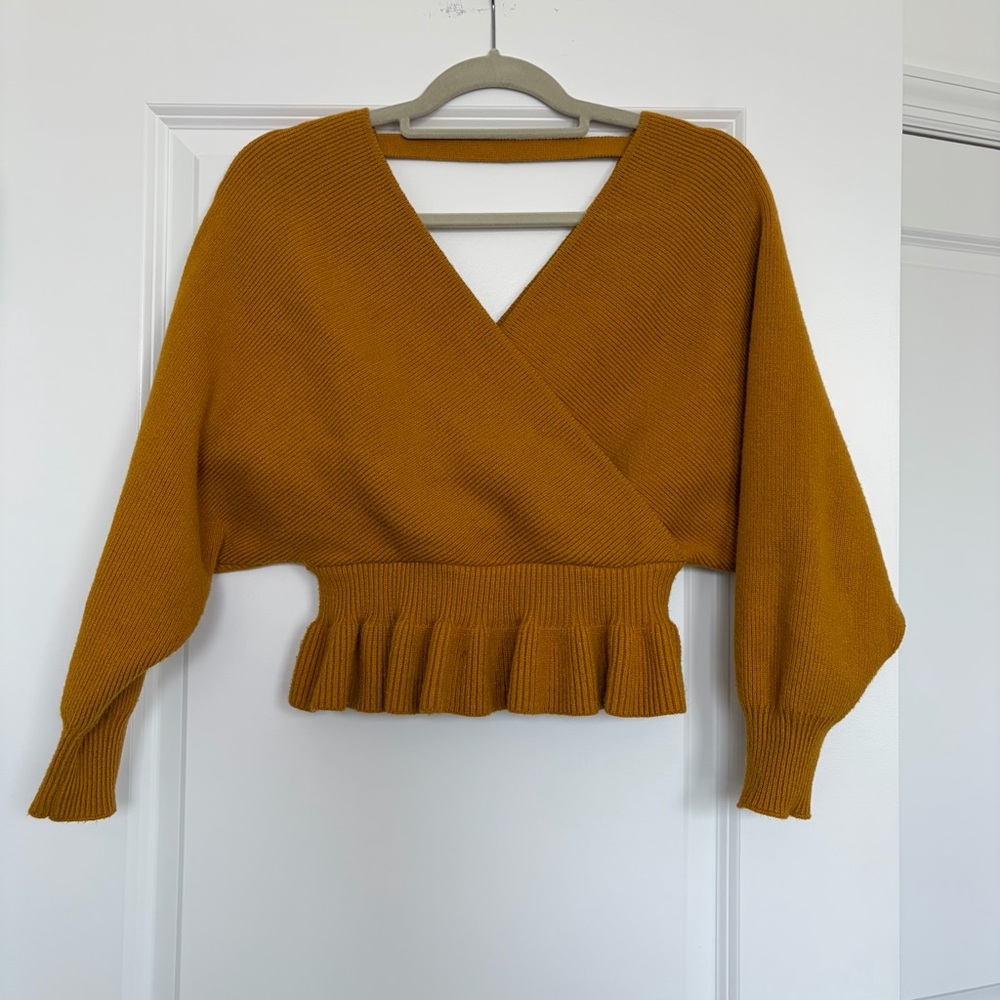 Mustard Wrap-Style Women's Sweater with Ruffle Hem